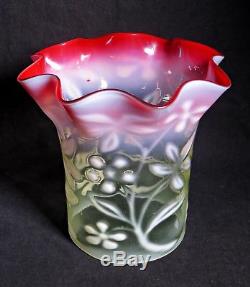 V. Rare Large Antique Vaseline Uranium Glass Rubina Verde Oil Lamp Shade, Floral