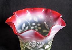 V. Rare Large Antique Vaseline Uranium Glass Rubina Verde Oil Lamp Shade, Floral