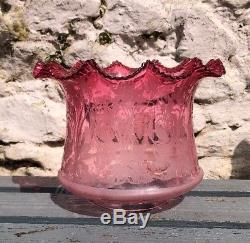 VICTORIAN CRANBERRY GLASS OIL LAMP SHADE ETCHED GLASS With Ruffled Top Rim