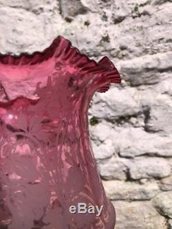 VICTORIAN CRANBERRY GLASS OIL LAMP SHADE ETCHED GLASS With Ruffled Top Rim