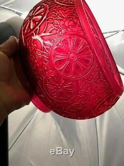 VICTORIAN Cranberry Glass Embossed Oil Lamp Shade Duplex