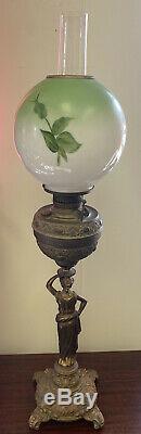 VICTORIAN Figural Woman BANQUET GWTW Parlor Oil LAMP Green Floral SHADE 36