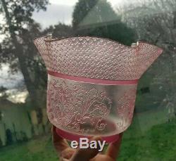 VICTORIAN French Relief Pink Glass Embossed crystal etched oil lamp shade 4 inch