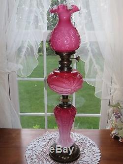 Victorian Moulded Cranberry Pink Parlor Banquet Art Glass Oil Lamp Art Nouveau