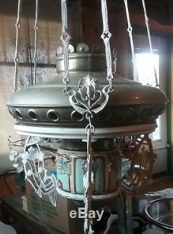 VICTORIAN Matador Brenner 52 Majolica Base Hanging Oil Chandelier Lamp Antique