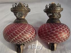Victorian Nailsea Glass Peg Oil Lamp Fonts And Burners. Pair