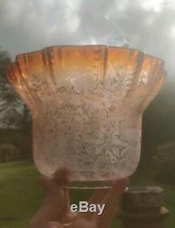 VICTORIAN PEACH / AMBER OIL LAMP SHADE ACID ETCHED PERFECT 4 Inch Fitter