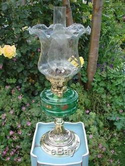 Very Decorative Victorian Duplex Oil Lamp, Hand Painted Green Glass Font