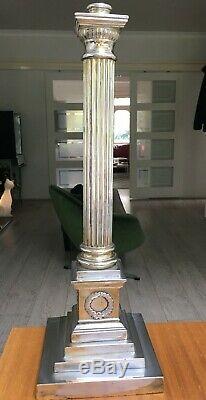 Very large antique silver plate oil lamp base reeded column