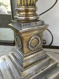 Very large antique silver plate oil lamp base reeded column