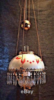 Victorian 1882 Antique Hanging Light Electrified Oil Lamp-Pendant Prisms