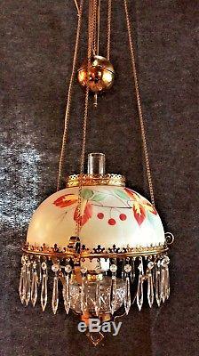 Victorian 1882 Antique Hanging Light Electrified Oil Lamp-Pendant Prisms