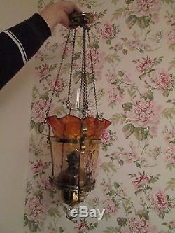 Victorian Amber Hanging rise and fall Oil Lamp not cranberry christmas gift