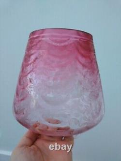 Victorian Antique Cranberry Acid Etched Oil Lamp Shade 4 Inch Fitting
