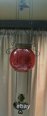 Victorian Antique Cranberry Swirl Glass Pull Down Oil Lamp, 1883 Burner