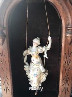Victorian Antique German Porcelain Oil Lamp Swinger in Clock Case Dresden Lady
