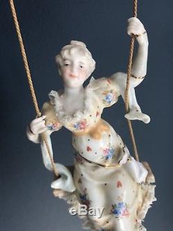 Victorian Antique German Porcelain Oil Lamp Swinger in Clock Case Dresden Lady