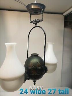 Victorian Antique Kerosene Oil Angle Lamp Converted Chandelier Ceiling Fixture