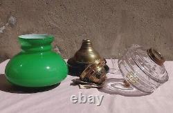 Victorian Antique Oil Lamp Brass Facet Cut Glass Font Duplex Burner Cased Shade