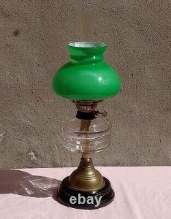 Victorian Antique Oil Lamp Brass Facet Cut Glass Font Duplex Burner Cased Shade