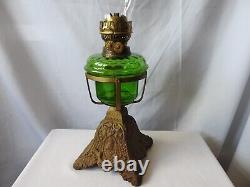 Victorian Antique Oil Lamp Green Glass Font Cast Iron Base & Chimney c1837-1901