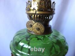Victorian Antique Oil Lamp Green Glass Font Cast Iron Base & Chimney c1837-1901