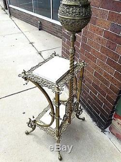 Victorian Antique Super ornate onyx stone top Piano floor Oil Lamp & Angel shade