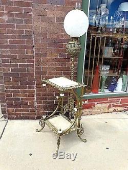 Victorian Antique Super ornate onyx stone top Piano floor Oil Lamp & Angel shade