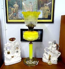Victorian Antique Yellow Glass & Brass Duplex Burner 27 Hurricane Oil Lamp 1890