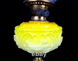 Victorian Antique Yellow Glass & Brass Duplex Burner 27 Hurricane Oil Lamp 1890