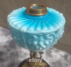 Victorian Art Nouveau Antique Moulded Turquoise Blue Opaline Glass Oil Lamp Font