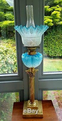 Victorian Art Nouveau Blue Etched Glass Oil Lamp Shade Font Corinthian Column A1
