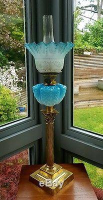 Victorian Art Nouveau Blue Etched Glass Oil Lamp Shade Font Corinthian Column A1