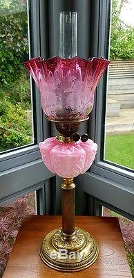 Victorian Art Nouveau Cranberry Red Pink Flowers Etched Glass Oil Lamp & shade