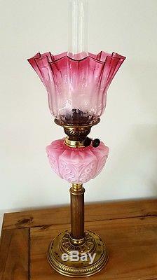 Victorian Art Nouveau Cranberry Red Pink Flowers Etched Glass Oil Lamp & shade