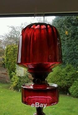 Victorian Art Nouveau Deep Dark Ruby Red Cranberry Cut Glass Oil Lamp Shade Font