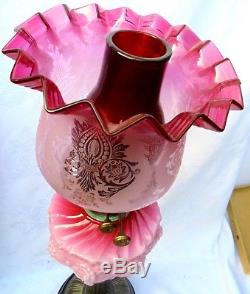 Victorian Art Nouveau Glass Oil Lamp with Cranberry Shade, Resevoir and Chinmney