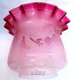Victorian Art Nouveau Glass Oil Lamp with Cranberry Shade, Resevoir and Chinmney