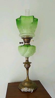 Victorian Art Nouveau Lily Pad Lotus Flowers Green Etched Glass Oil Lamp & Shade