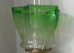 Victorian Art Nouveau Lily Pads Lotus Flowers Green Etched Glass Oil Lamp Shade