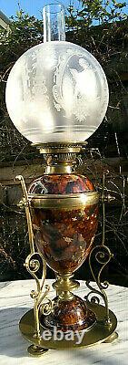 Victorian Art Nouveau Royal Doulton Oil LampAcid Etched ShadeHinks No2 Duplex