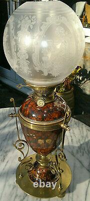 Victorian Art Nouveau Royal Doulton Oil LampAcid Etched ShadeHinks No2 Duplex