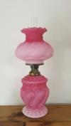 Victorian Art Nouveau Satin Pink Cranberry Glass Bijou Oil Lamp Font Embossed A1