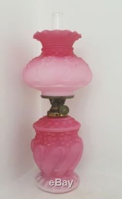 Victorian Art Nouveau Satin Pink Cranberry Glass Bijou Oil Lamp Font Embossed A1