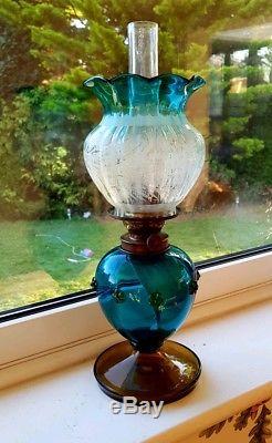 Victorian Art Nouveau Stourbridge Blue Flowers Etched Glass Oil Lamp & shade A1