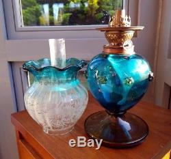Victorian Art Nouveau Stourbridge Blue Flowers Etched Glass Oil Lamp & shade A1