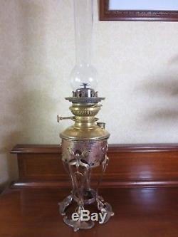 Victorian Arts And Crafts Table Oil Lamp Complete With Central Draught Burner
