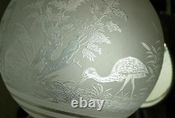 Victorian Baccarat Glass Satin Acid Etched Banquet Oil Lamp Globe Shade Crane