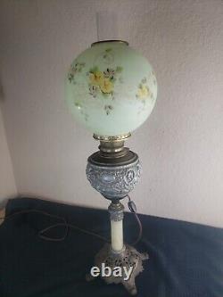 Victorian Banquet Oil BM&CO Spelter Lamp with Floral Repousse Original Glass