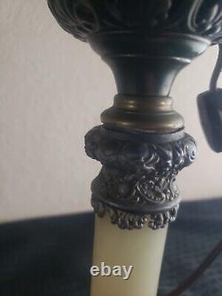 Victorian Banquet Oil BM&CO Spelter Lamp with Floral Repousse Original Glass